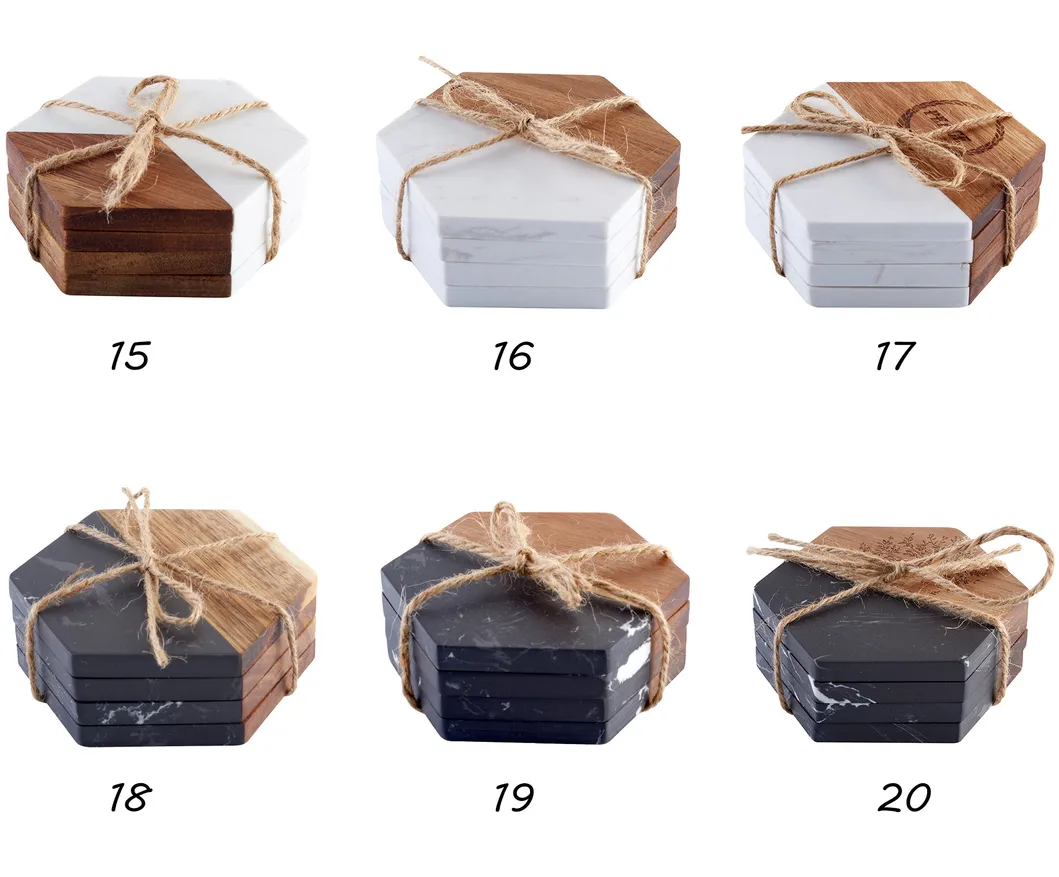 a mano para juegos de regalos y cenas elegantes Juego de posavasos de acacia y m&aacute;rmol redondos con bordes pulidos a mano para juegos de regalos y cenas elegantes 