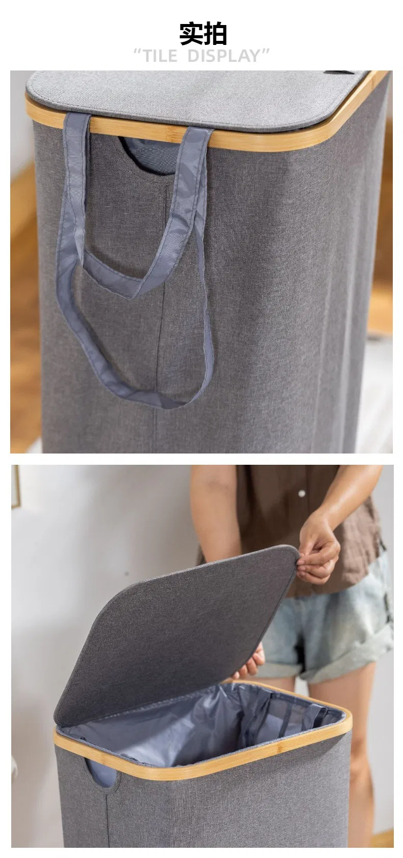 interior Cesta para la ropa sucia de tela Oxford de bamb&uacute; moderna de gran capacidad a prueba de polvo con bolsa interior 
