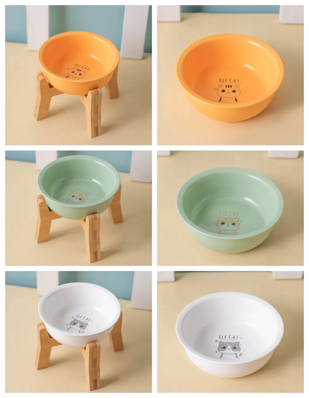 Cuenco para snacks de cer&aacute;mica estilo n&oacute;rdico para mascotas con alto de madera - Pie para perros y gatos 