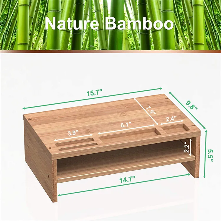 de almacenamiento de escritorio de bamb&uacute; de doble capa, soporte para monitor elevador de computadora
