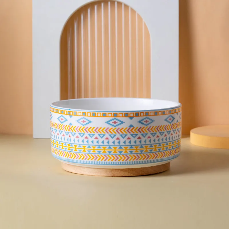 a la moda con base de madera de bamb&uacute; para perros y gatos Cuenco de cer&aacute;mica para mascotas de buen dise&ntilde;o a la moda con base de madera de bamb&uacute; para perros y gatos 