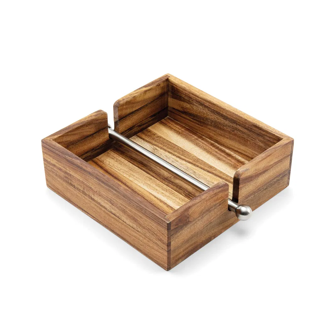 Servilletero de madera de acacia con barra central de acero inoxidable con peso