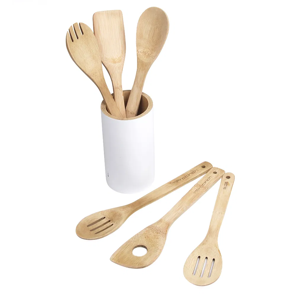 Juego de utensilios de cocina de madera de bamb&uacute; ecol&oacute;gico con soporte redondo 