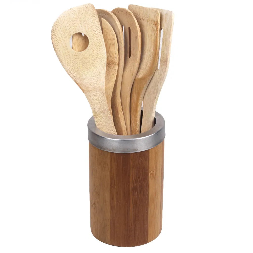 Home Basics Juego de utensilios de cocina de bambú con soporte