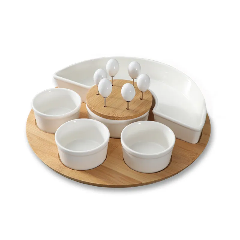 Juego para servir aperitivos de bamb&uacute; Homegating con tazones para condimentos y bandejas de cer&aacute;mica para servir