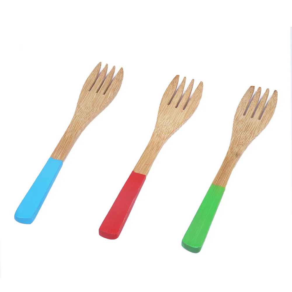 Tenedor de bamb&uacute; para acampar para beb&eacute;s con mango de colores 