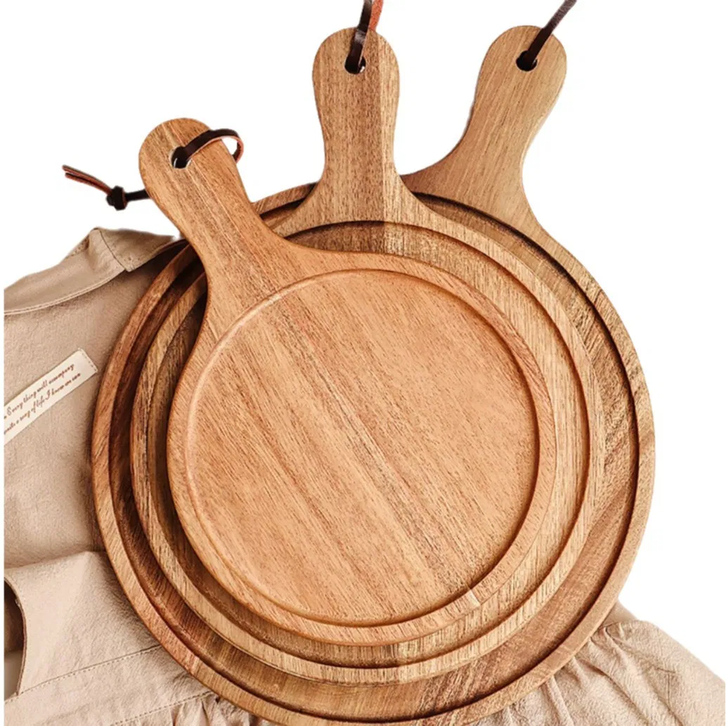 Bandeja redonda de madera para servir pizza, juego de 3 con asa