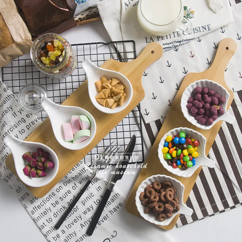Platos de cer&aacute;mica creativos de 3 piezas con bandeja de bamb&uacute; para refrigerios/nueces/postres 