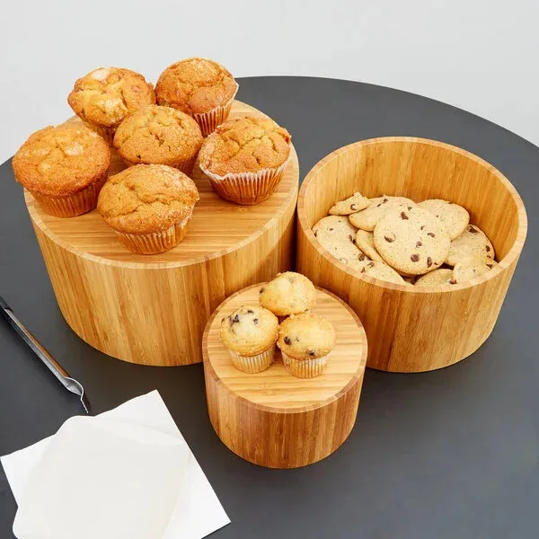 Juego de elevadores redondos de bambú para exhibición de alimentos de 3 piezas, juego de ensaladeras
