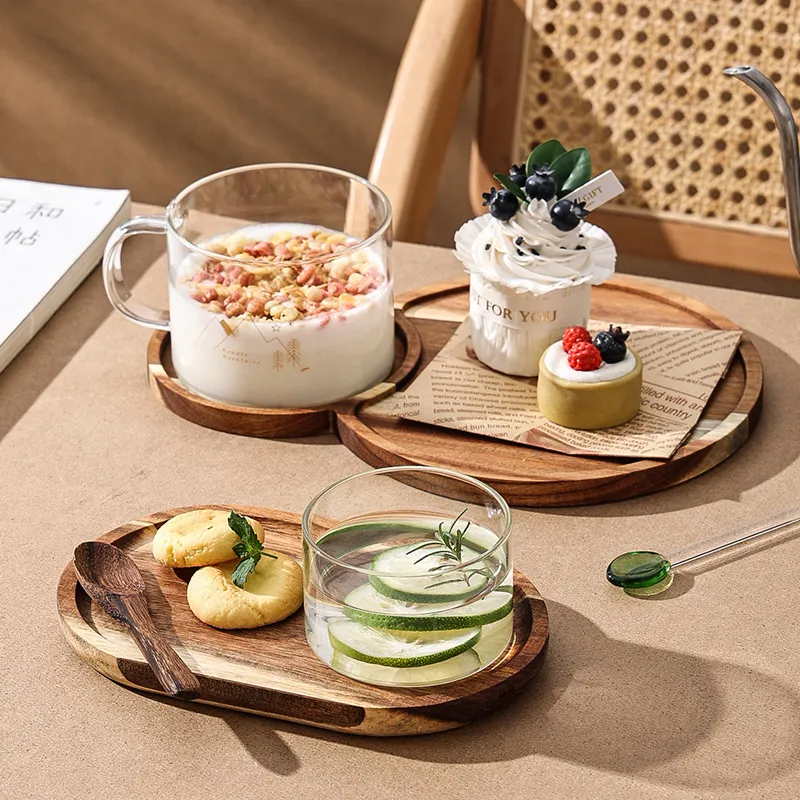 Bandejas para servir embutidos de postre de madera de acacia con vaso de cristal para el desayuno 