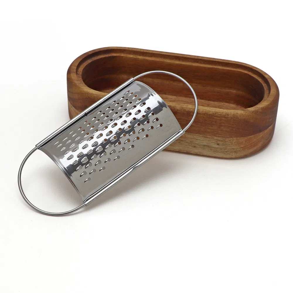 Rallador de queso de acero inoxidable con recipiente de madera Rallador de mano Mini rallador
