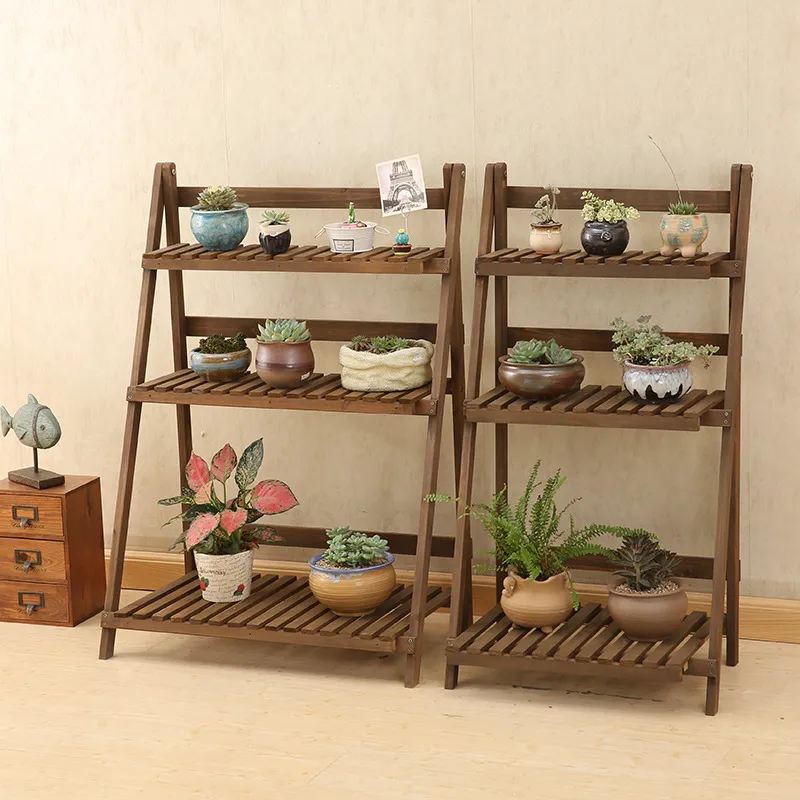 Estante plegable para flores de madera maciza con cuatro y tres capas para jardín
