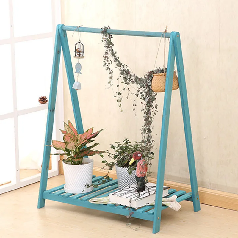 Estante de flores de madera maciza para macetas con flores y plantas colgantes 