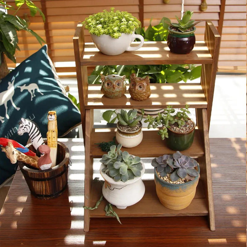 Soporte de flores de madera de múltiples capas Soporte de exhibición de suculentas Estante para macetas Estante para plantas de balcón