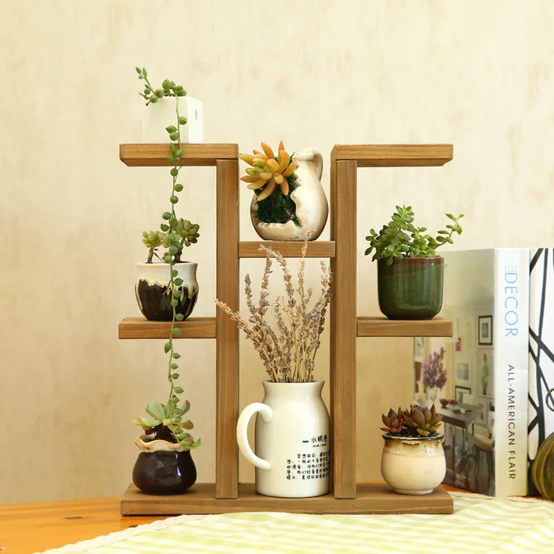 Estante de escritorio de m&uacute;ltiples capas con soporte de flores de madera s&oacute;lida para libros/juguetes/plantas 