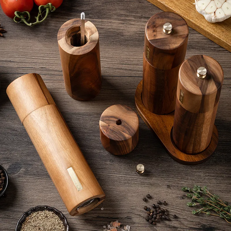 Juego de molinillo de pimienta manual de madera de acacia para moler especias y sal