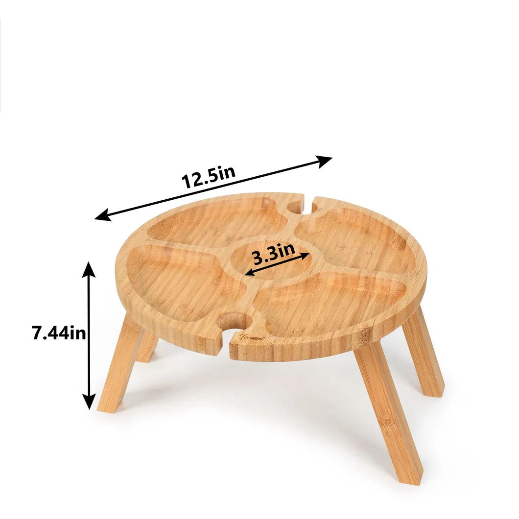 mesa de camping redonda de bamb&uacute; port&aacute;til y plegable, bandeja para aperitivos para picnic 