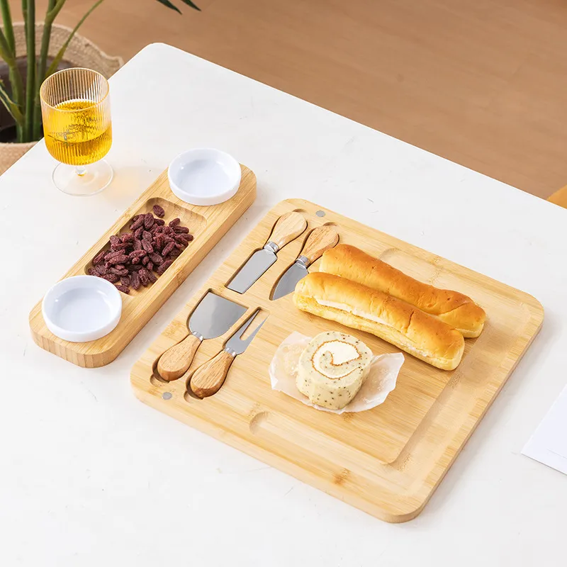 Juego de tablas de queso cuadradas de bamb&uacute; de alta calidad con cuchillo de acero inoxidable