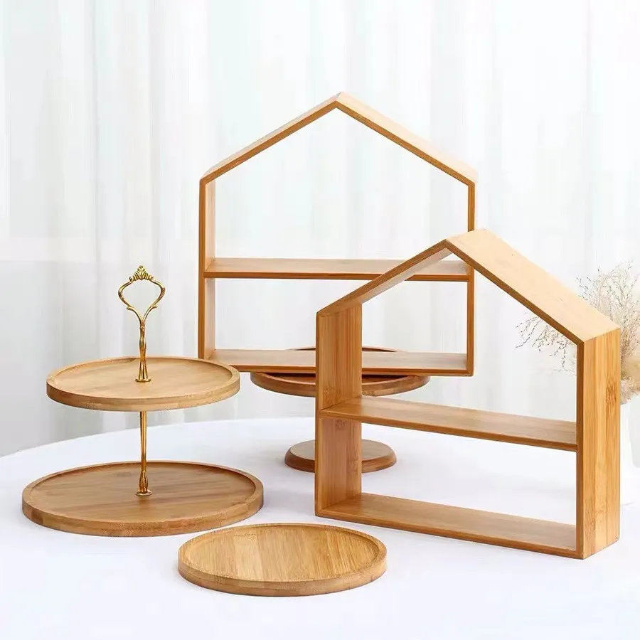 Fabricaci&oacute;n de estante para pastel de bamb&uacute; con forma de casa de 2 niveles, soporte para pastel de taza de madera para postre. Fabricaci&oacute;n de estante para pastel de bamb&uacute; 