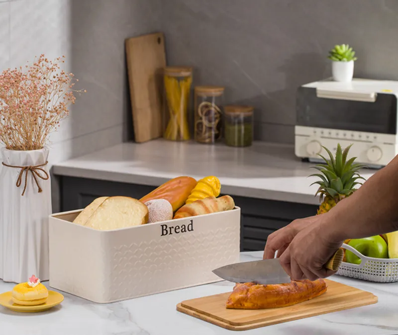 Recipiente de almacenamiento de pan rectangular de metal Caja de pan Soporte para pan Contenedor de almacenamiento de pan con tapa de madera 