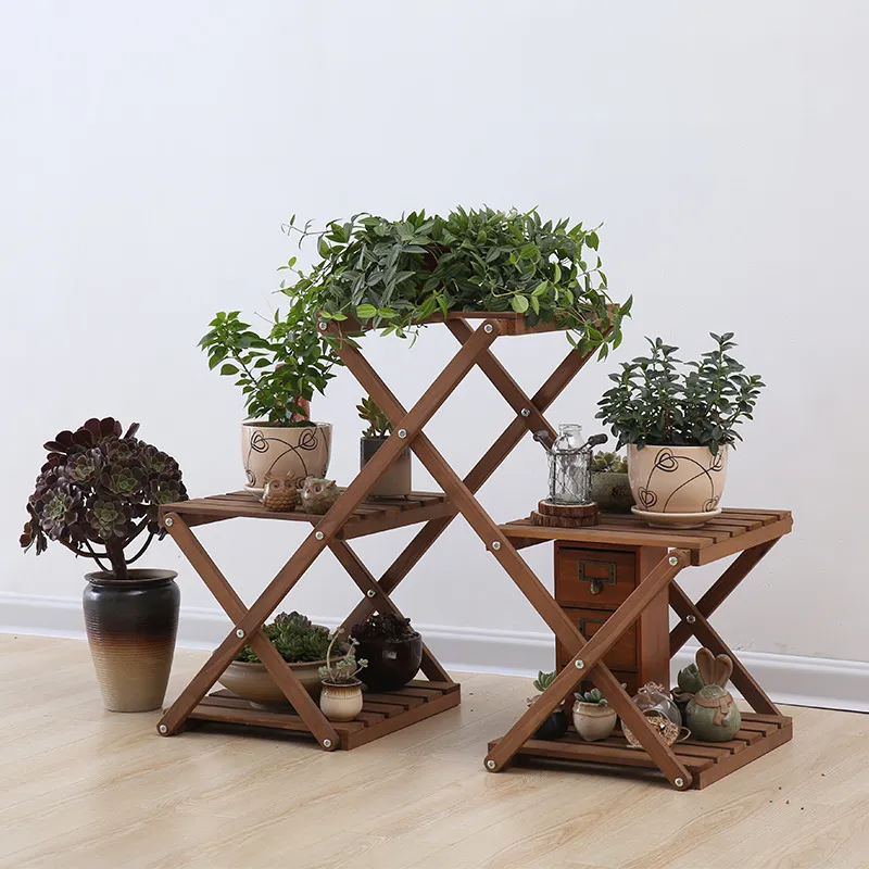 Estante de flores de madera triangular móvil y plegable Soporte de exhibición de plantas para exteriores Interior
