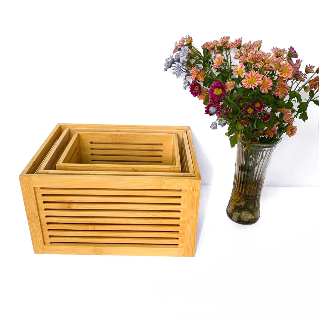 Juego de cestas de almacenamiento de bambú ahuecadas multifuncionales personalizadas para artículos diversos/frutas/verduras del hogar.