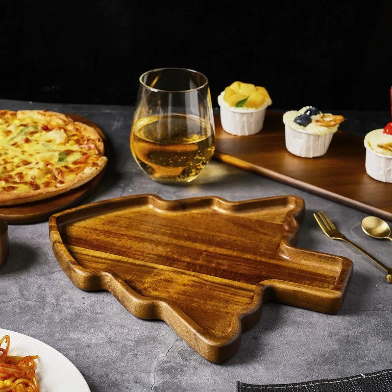 Bandeja festiva de madera de acacia para servir &aacute;rbol de Navidad para picnics 