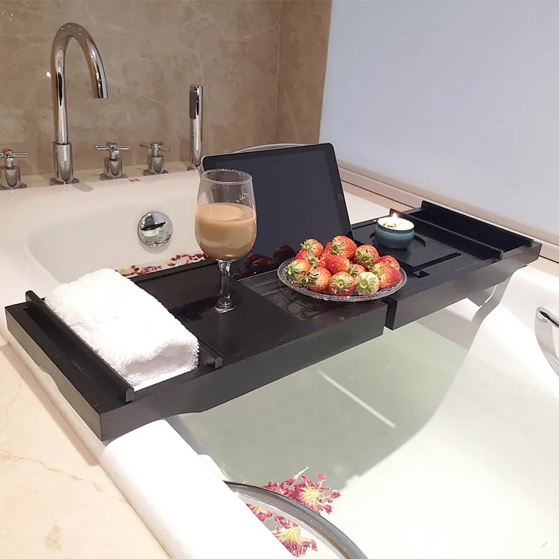 del carrito de ba&ntilde;o de bamb&uacute; de color negro para ba&ntilde;era 