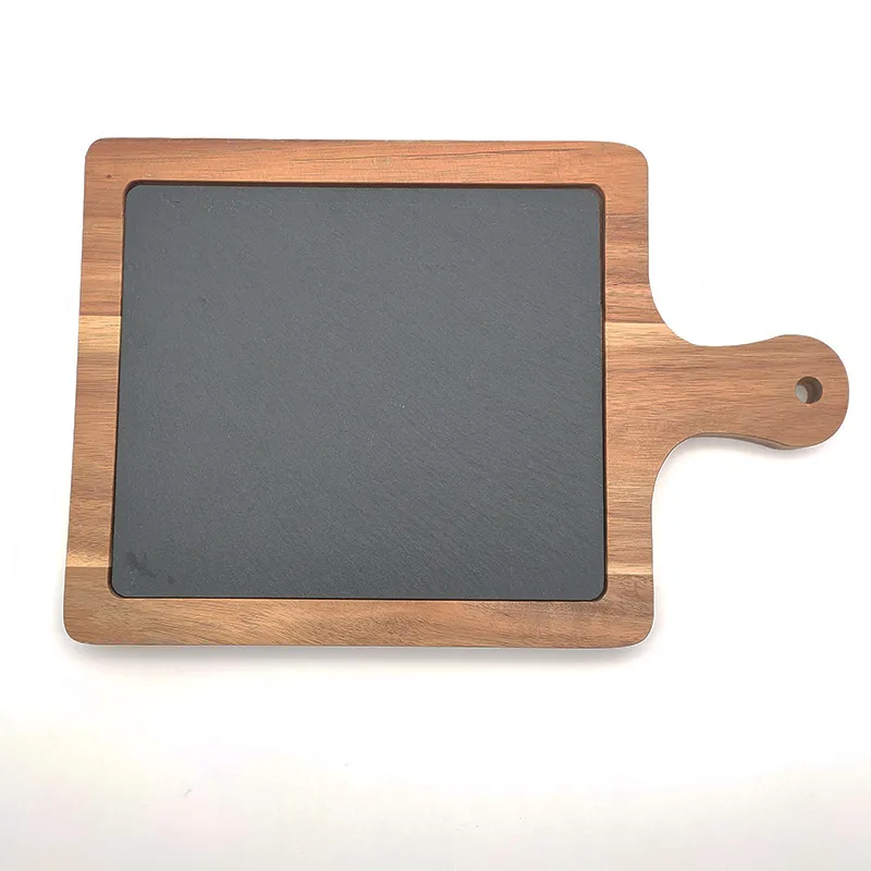 madera de acacia para pasteles/filetes/postres Bandejas personalizadas para servir tablas de quesos de pizarra y madera de acacia para pasteles/filetes/postres 