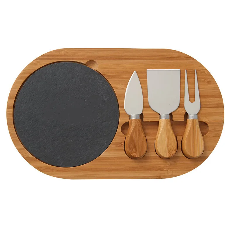 Bandeja ovalada de madera de acacia y pizarra para filetes Tabla de cortar Tabla de quesos con cuchillos 