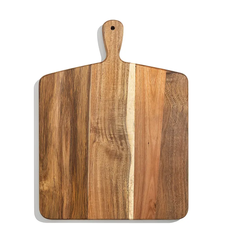 Venta al por mayor Tabla grande para servir de corte de queso de madera de Acacia con mango 