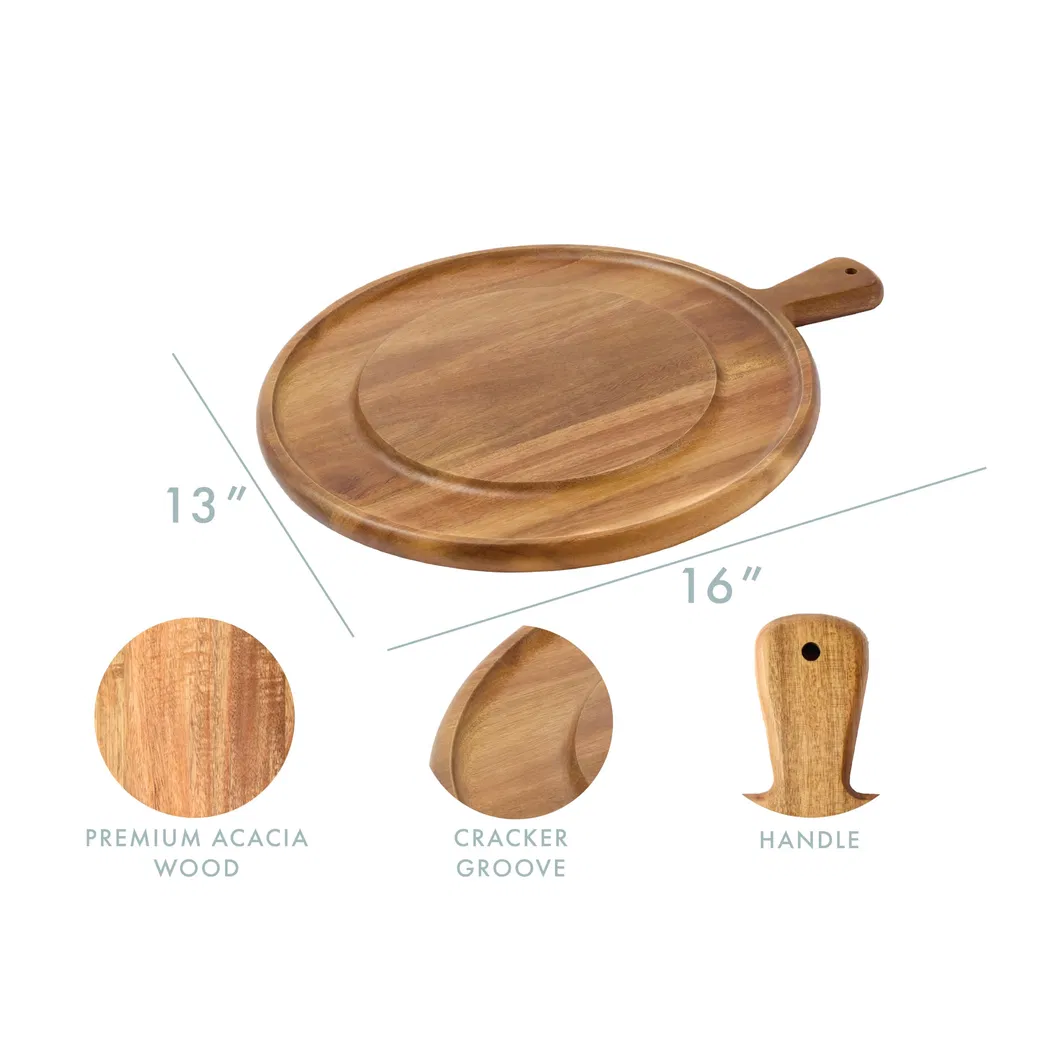 Tabla redonda para embutidos de madera de acacia, tabla para quesos con mango 