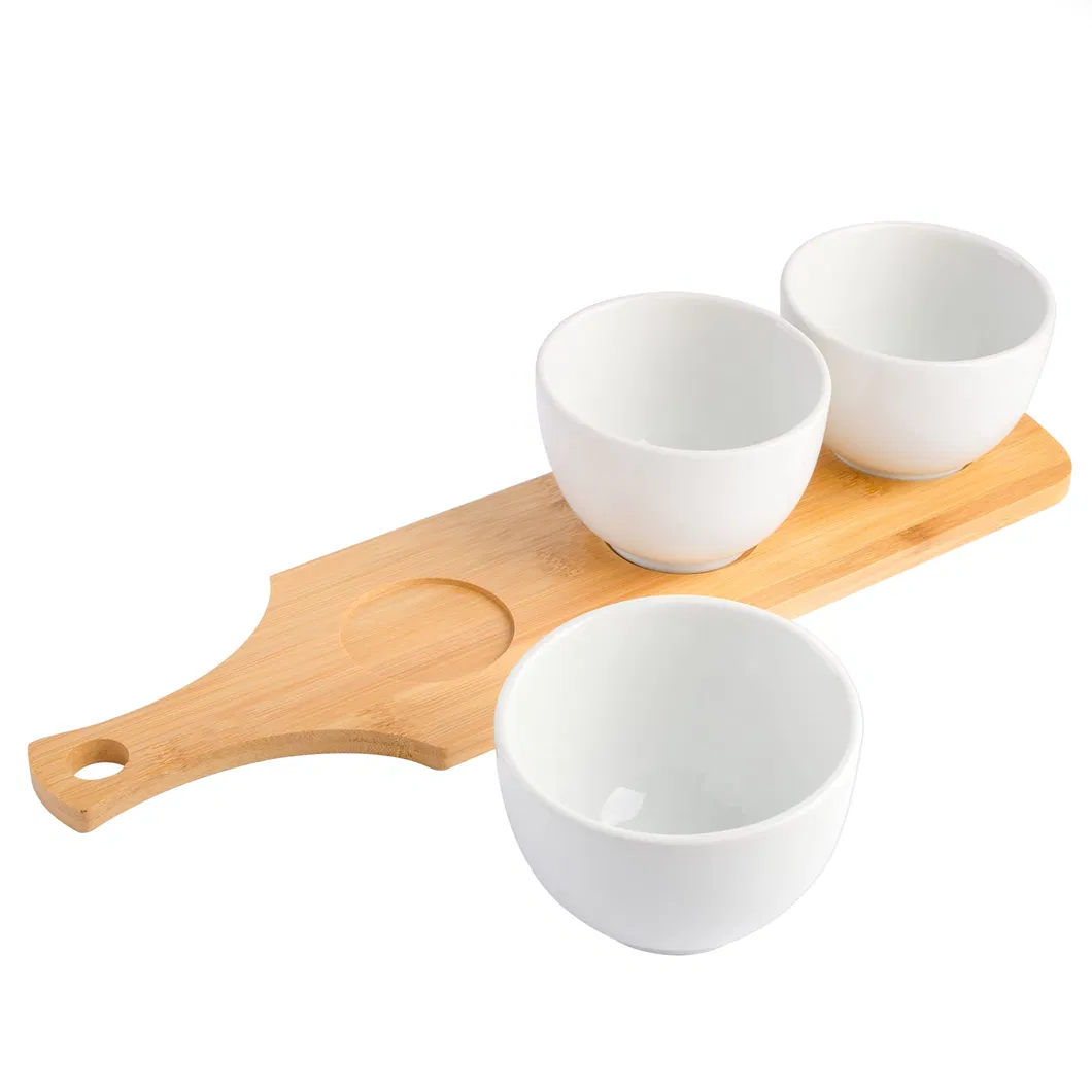 Elegante juego de cuencos Tidbit blancos de 3 piezas con bandeja para servir de bamb&uacute; 