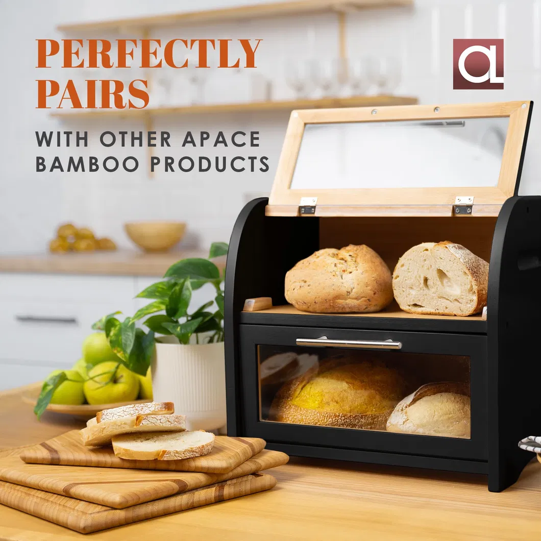 Caja de almacenamiento de pan doble grande de bamb&uacute; con tabla de cortar para cocina