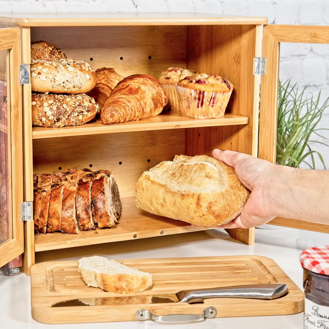 Caja de pan multifuncional de bamb&uacute; de 2 capas con tabla de cortar para encimera de cocina y panader&iacute;a