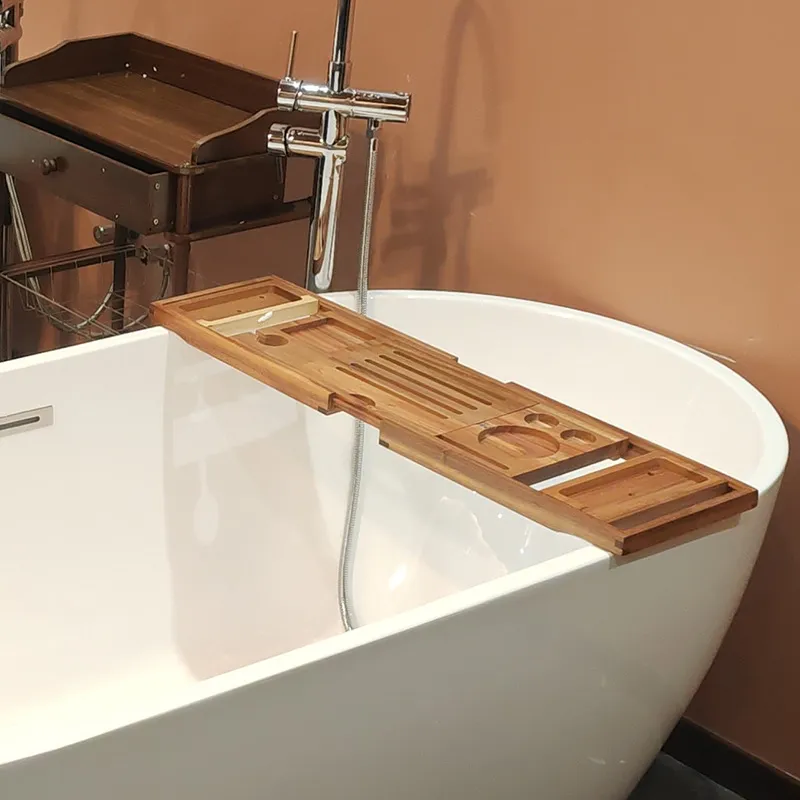 Bandeja extensible de lujo para ba&ntilde;era de madera de acacia con soporte para vino y soporte para libros