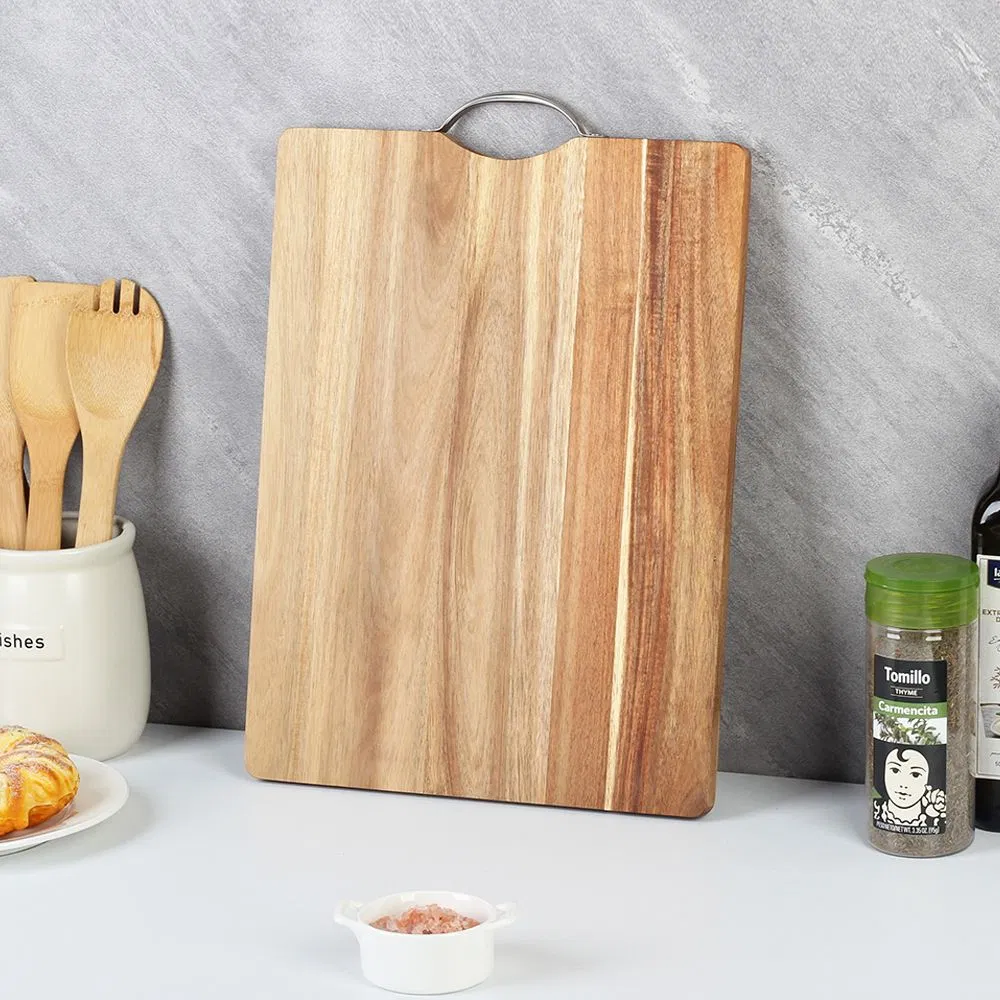 Tabla de cortar de madera de acacia Tabla de cortar para verduras con mango de metal 