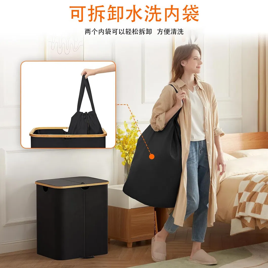 Cesto para la ropa sucia de tela de bamb&uacute; con tapa y dos bolsas interiores lavables extra&iacute;bles