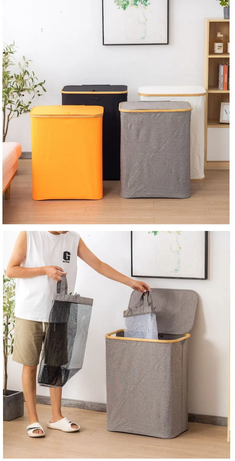 Cesta de lavander&iacute;a de tela de bamb&uacute; cubierta y a prueba de polvo, moderna y simple para almacenamiento
