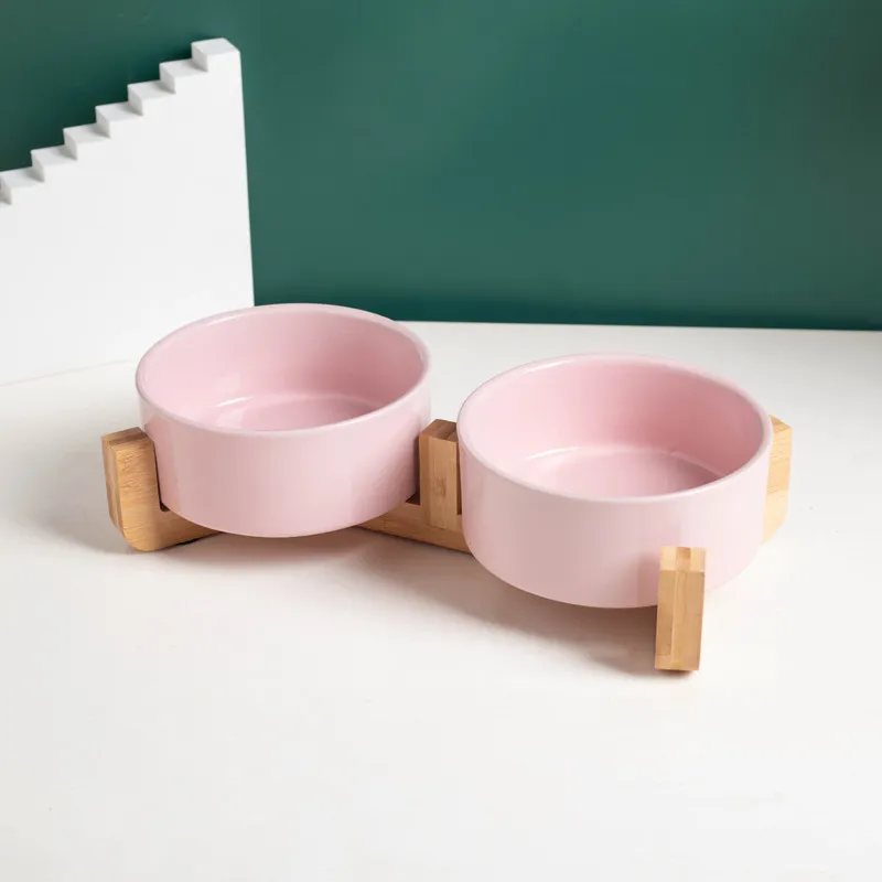 Tazón para mascotas con soporte de madera de bambú