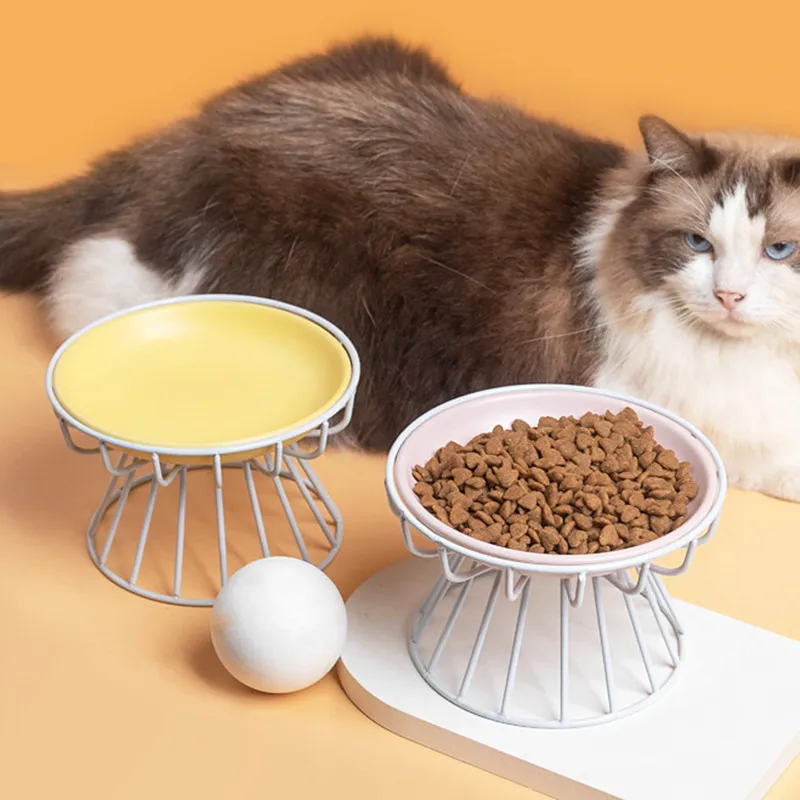 Plato de comida para mascotas de cer&aacute;mica multicolor, cuencos para gatos con soporte de metal 