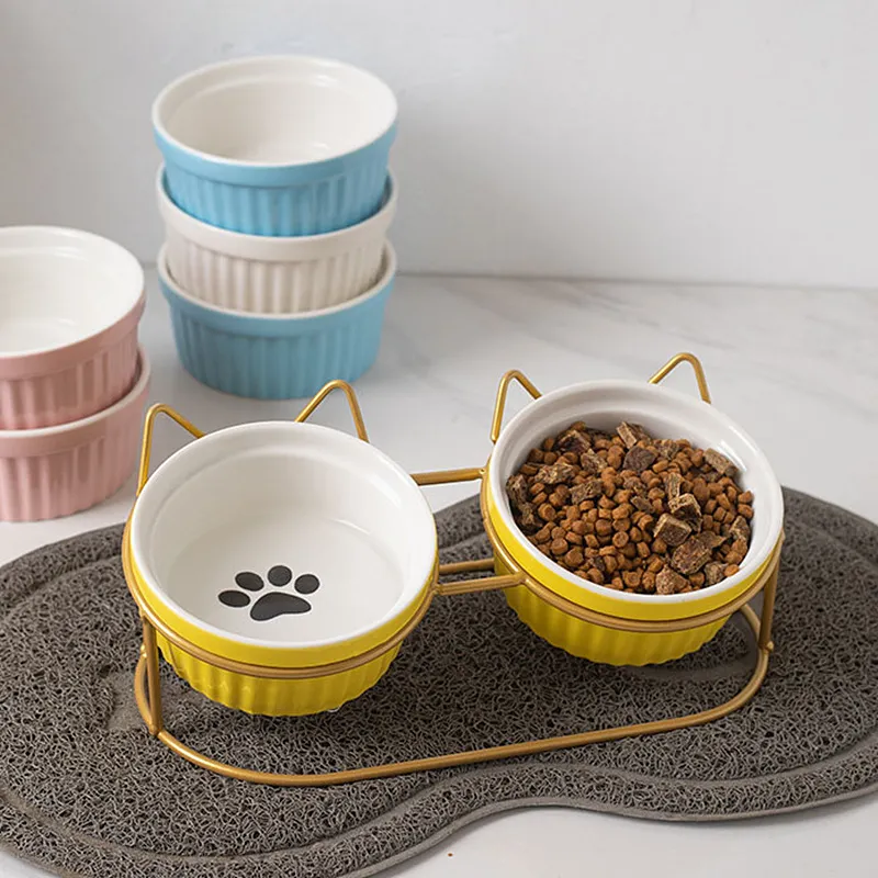 Cuenco de cer&aacute;mica para gatos, cuencos para perros con estante de metal en forma de gato Cuenco 