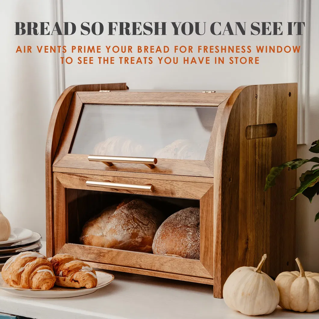 Caja de pan de madera de acacia doble grande, contenedor de almacenamiento para cocina 