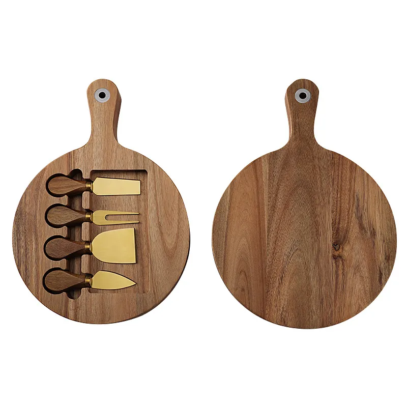Tabla para quesos compacta y redonda de madera de acacia con asas y cuchillos, producci&oacute;n 