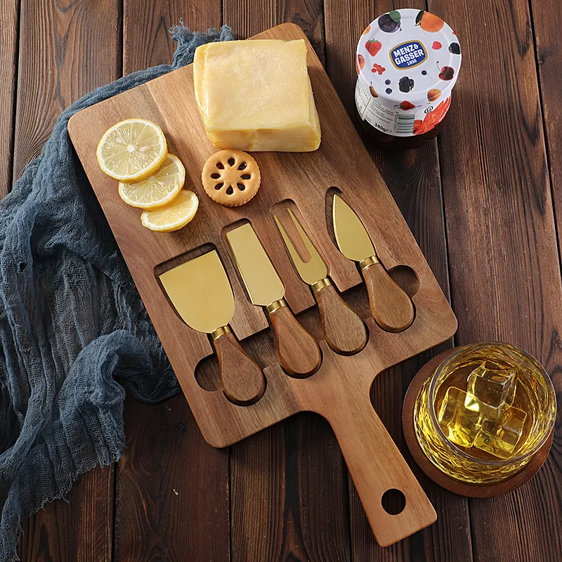 Tabla de quesos de madera de acacia sostenible con forma de paleta y juego de 4 cuchillos 
