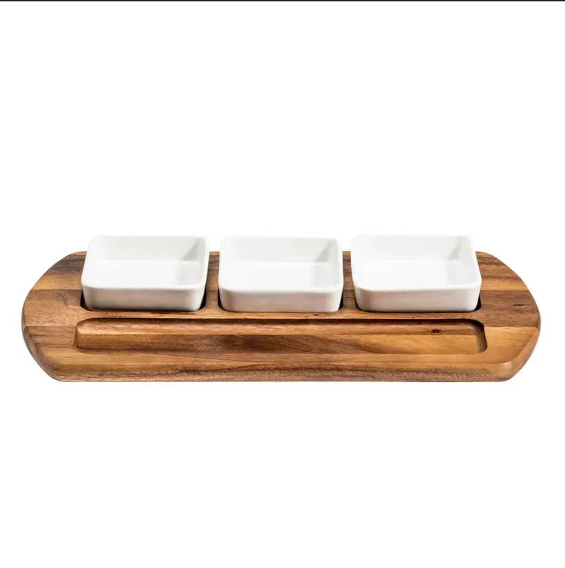 Bandeja grande para servir/platos de madera de acacia con 3 platos cuadrados de cer&aacute;mica 