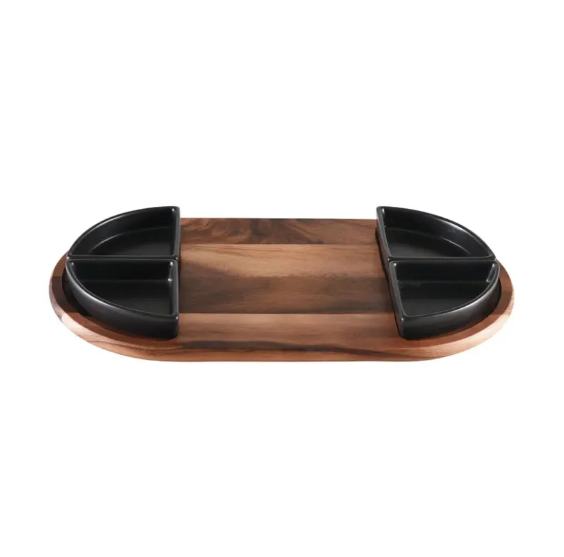 Tabla grande para servir embutidos de madera de acacia Bandeja de madera con 2 cuencos de cer&aacute;mica 