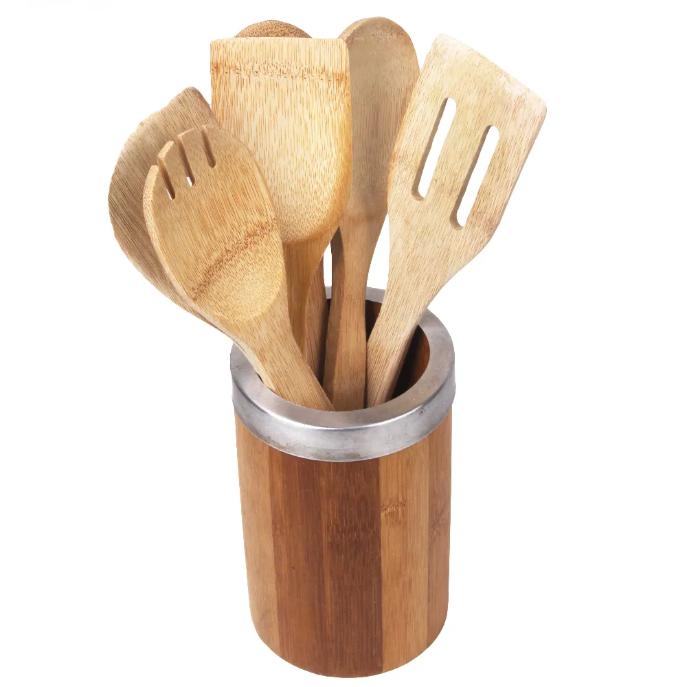 Home Basics Juego de utensilios de cocina de bambú con soporte