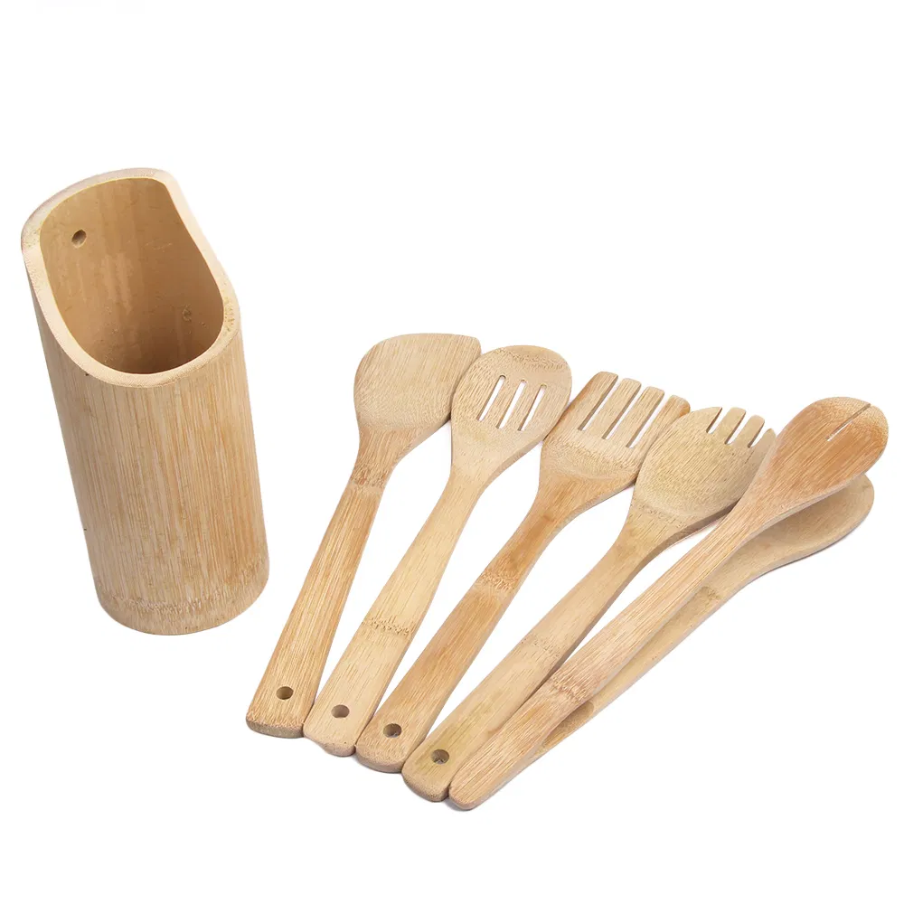 Juego de utensilios de cocina de bambú con soporte