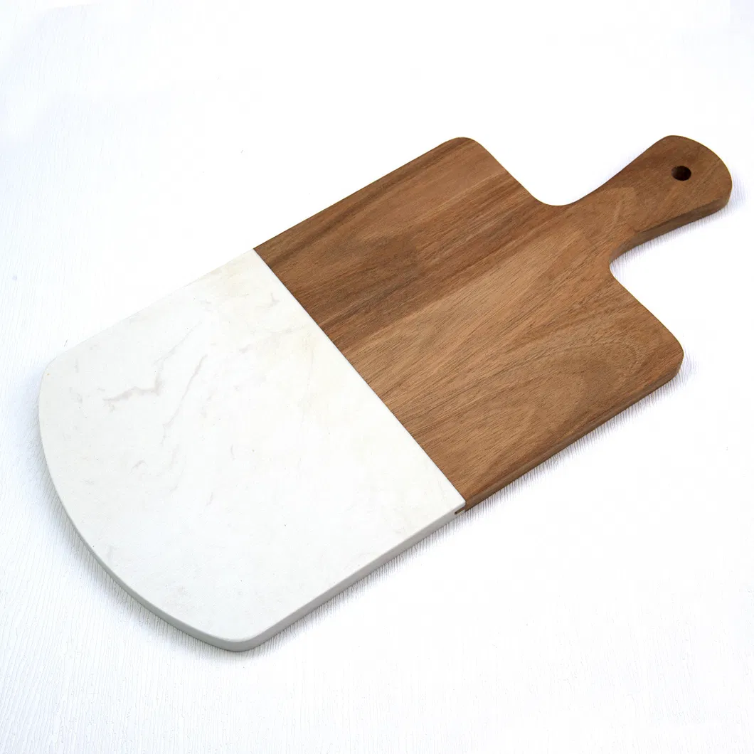 Tabla de cortar y cortar de m&aacute;rmol blanco y madera de acacia para quesos y embutidos 